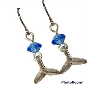 Silver Mermaid Whale Tail Earrings Blue Bead Plated Dangle Dainty Nautical